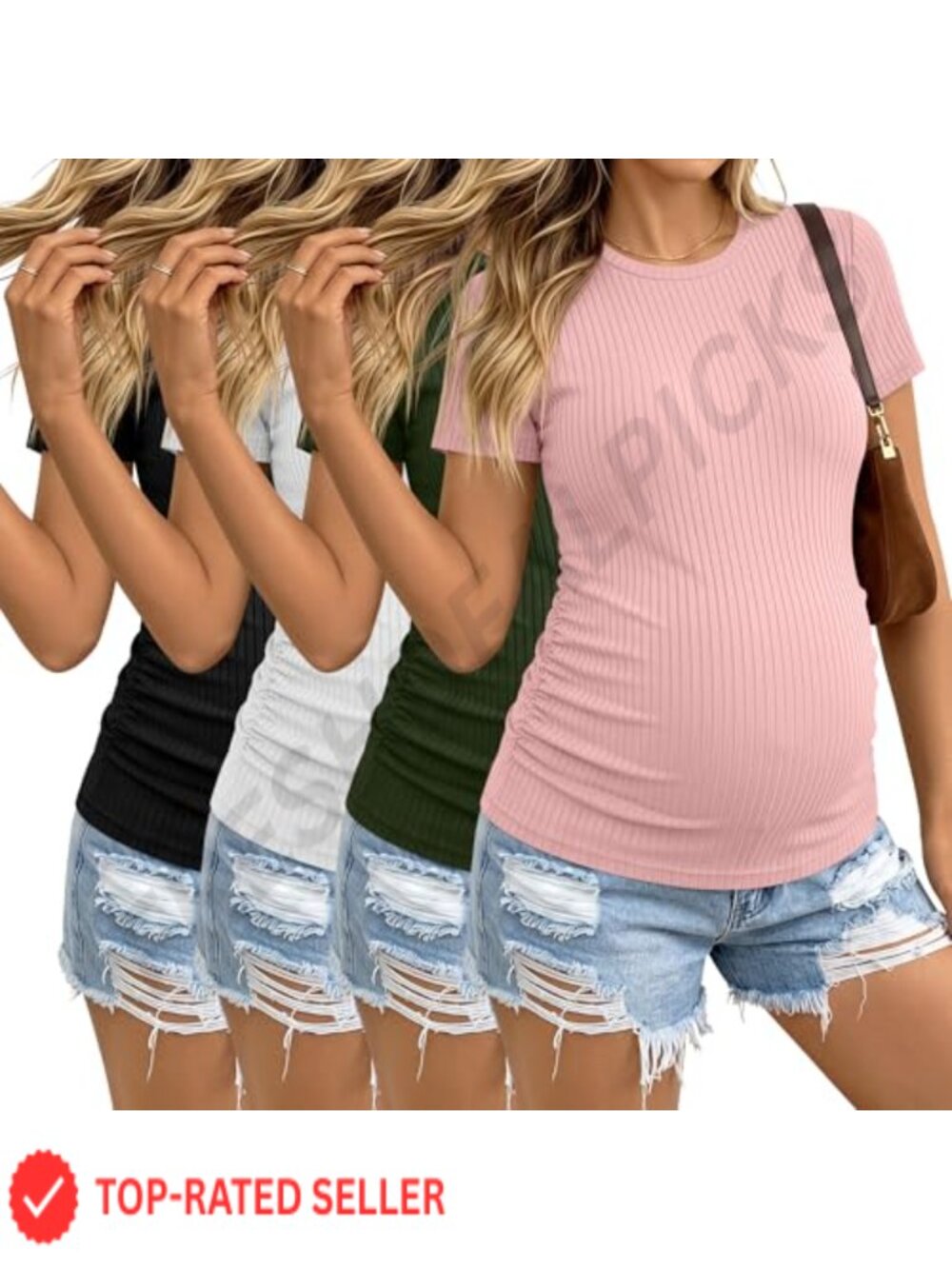 Maternity Cotton Ribbed T-Shirts 4 Pack Crew Neck Short Sleeve Ruched Tops